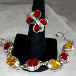 Gorgeous sparkling red and yellow sapphire bracelet and ring cocktail set